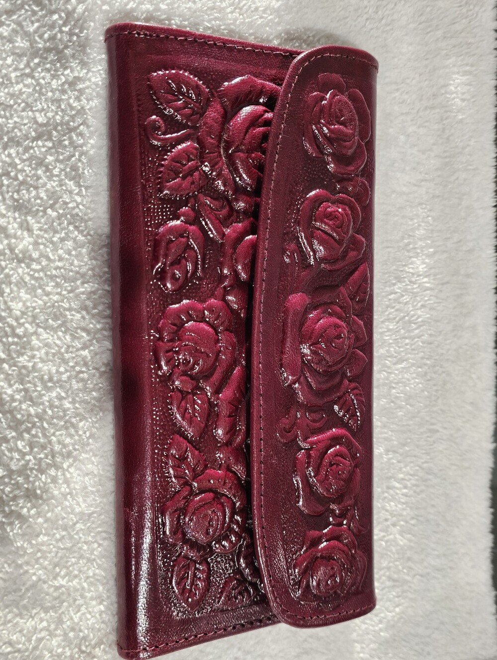 Embossed Rose Leather Wallet in Deep Burgundy